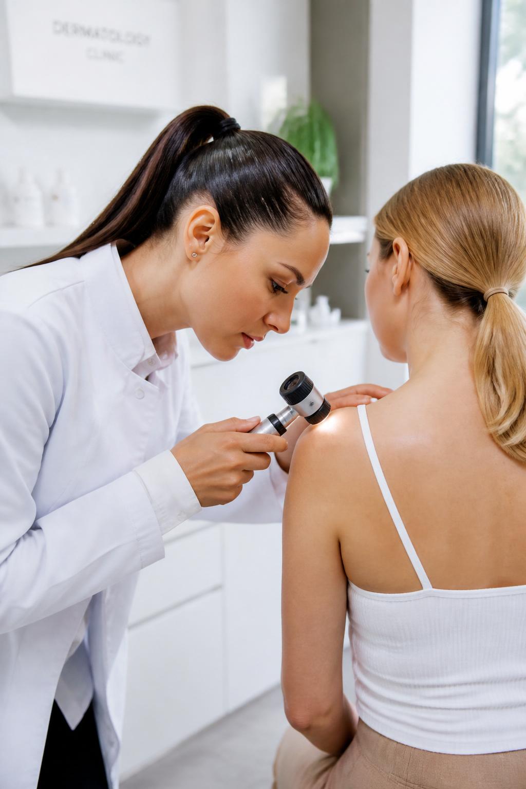 Dermatologist examining a patient's skin with a dermatoscope
